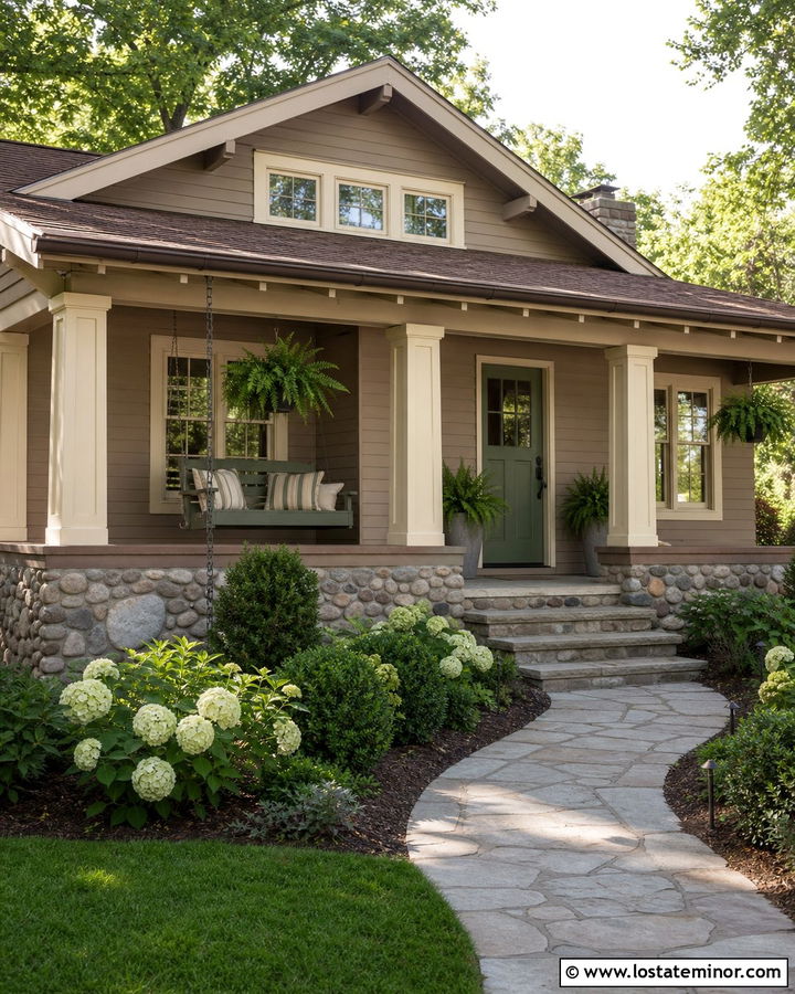 Taupe Bungalow With Sage Green Porch Swing - 30 Taupe House Design With Swing Ideas