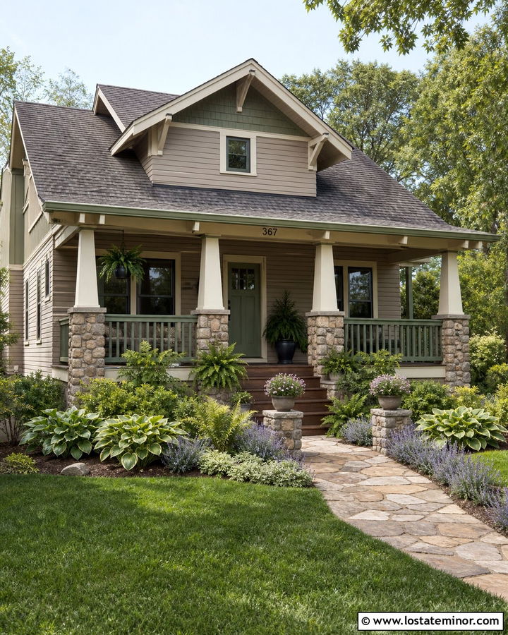 Taupe Bungalow With Sage Green Porch - 30 Taupe House Design With Front Porch Ideas