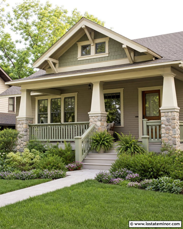 Taupe Bungalow With Sage Green Railings - 30 Taupe House Design With Railings Ideas