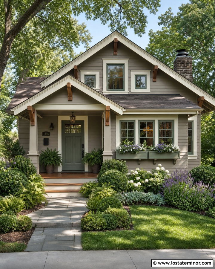 Taupe Bungalow With Sage Green Window Boxes - 30 Taupe House Design With Window Boxes Ideas