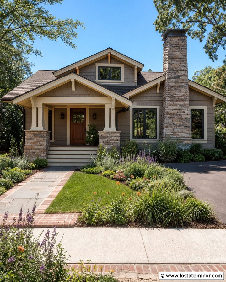 Taupe Bungalow With Tapered Stone Chimney - 30 Taupe House Design With Chimney Ideas