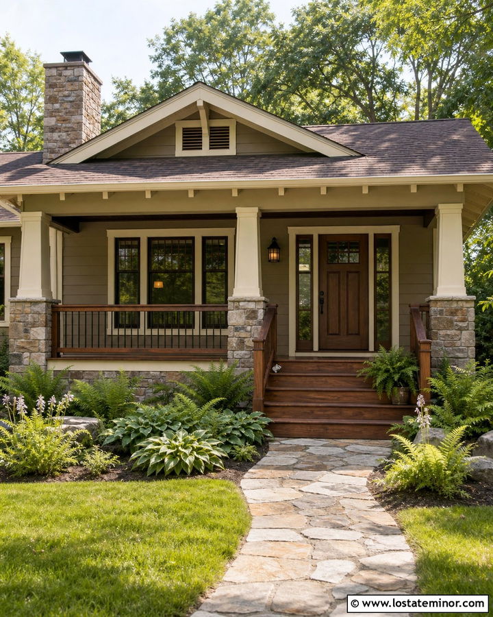 Taupe Bungalow With Wood Porch Steps - 30 Taupe House Design With Steps Ideas