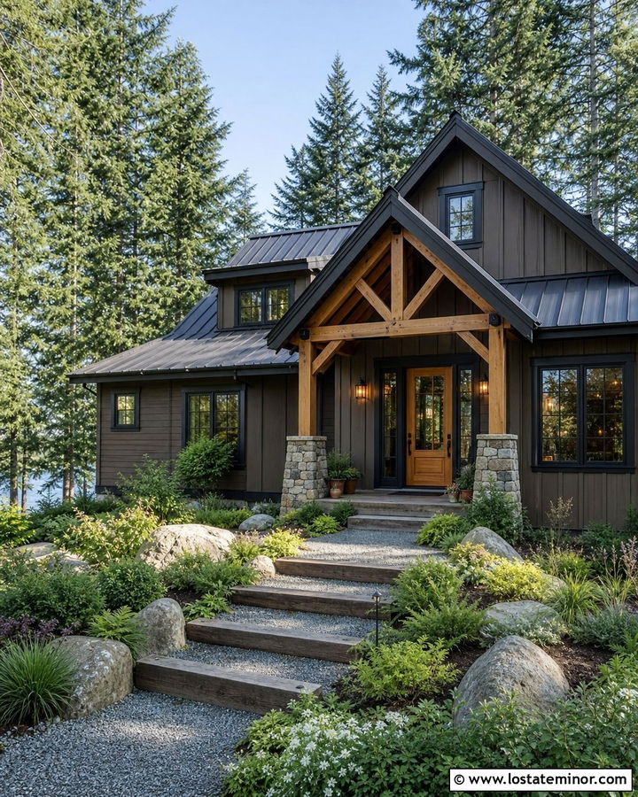 Taupe Cabin House With Gravel And Timber Walkway - 30 Taupe House Design With Walkway Ideas