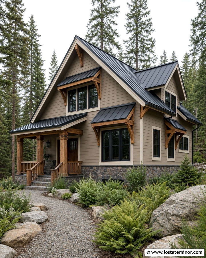 Taupe Cabin House With Wood Bracket Awnings - 30 Taupe House Design With Awning Ideas