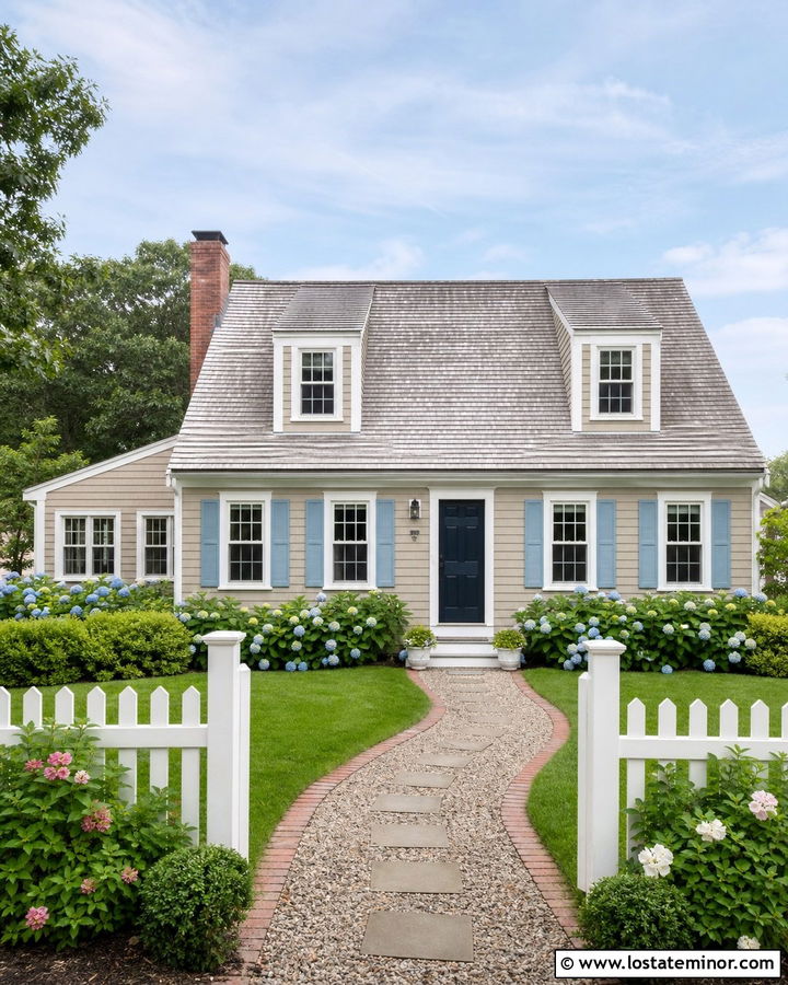 Taupe Cape Cod House With Gravel Walkway - 30 Taupe House Design With Walkway Ideas