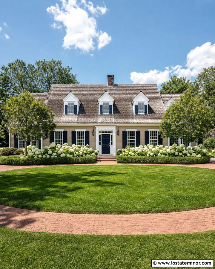 Taupe Cape Cod House With White Hydrangeas - 30 Taupe House Design With Front Yard Ideas