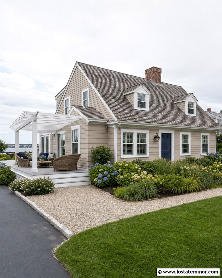 Taupe Cape Cod House With White Pergola - 30 Taupe House Design With Pergola Ideas