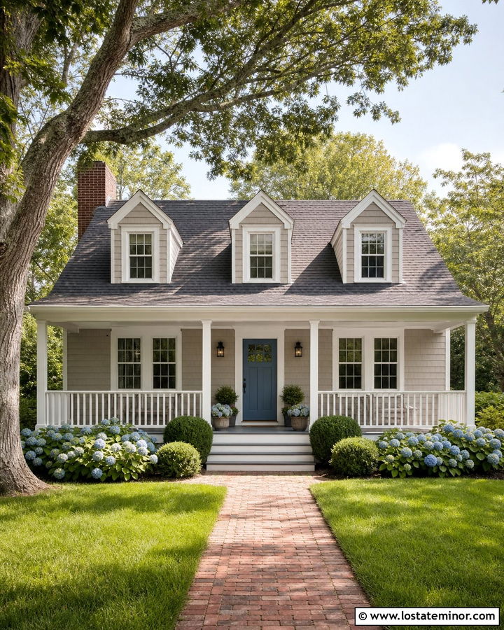 Taupe Cape Cod House With White Railings - 30 Taupe House Design With Railings Ideas