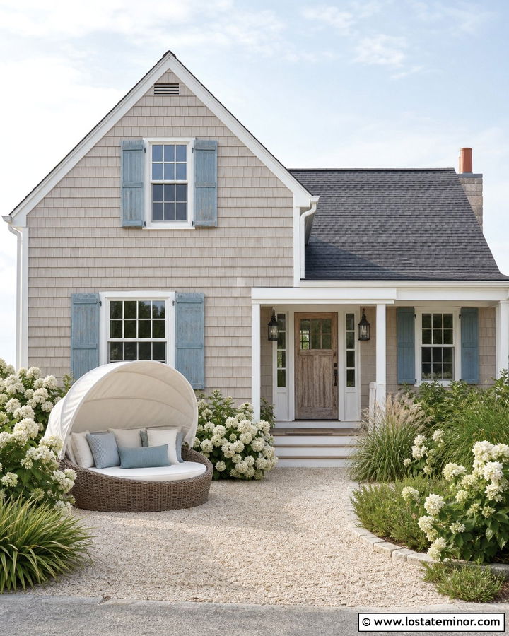 Taupe Cape Cod House With Wicker Canopy Daybed - 30 Taupe House Design With Daybed Ideas