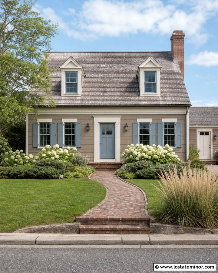Taupe Cape Cod With Blue Shutters - 30 Taupe House Design With Shutters Ideas