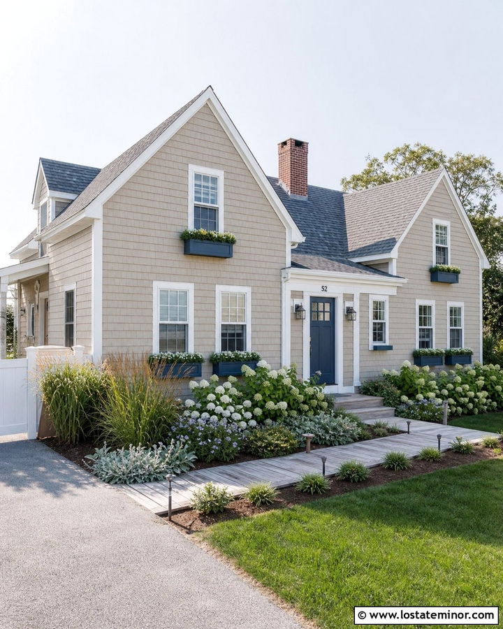Taupe Cape Cod With Blue Window Boxes - 30 Taupe House Design With Window Boxes Ideas