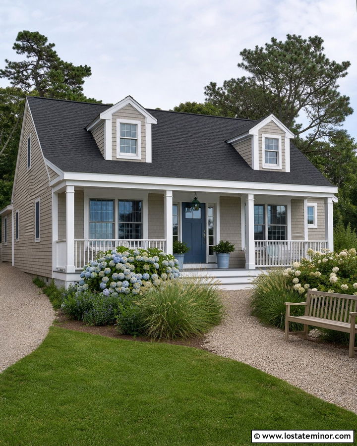 Taupe Cape Cod With Coastal Front Porch - 30 Taupe House Design With Front Porch Ideas