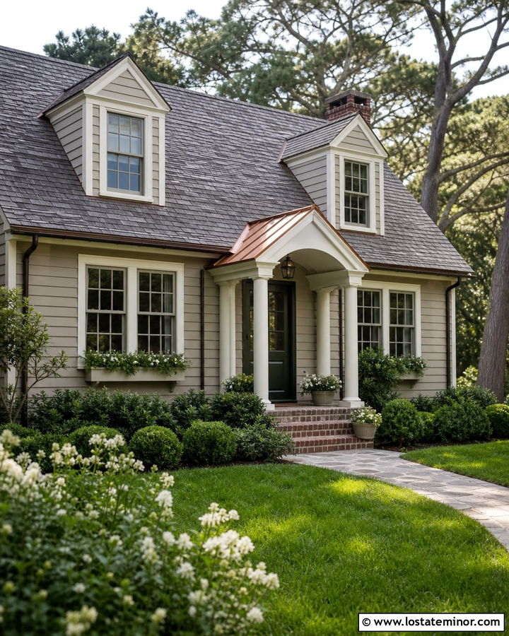 Taupe Cape Cod With Copper Roof Portico - 30 Taupe House Design With Portico Ideas