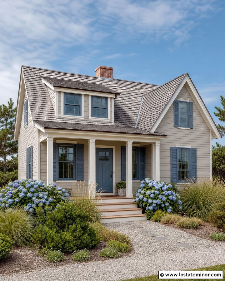 Taupe Coastal Cottage With Blue Gray Window Frames - 30 Taupe House Design With Window Frames Ideas