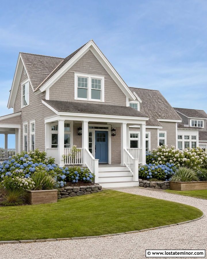 Taupe Coastal House With Blue Front Door - 30 Taupe House Design With Front Yard Ideas