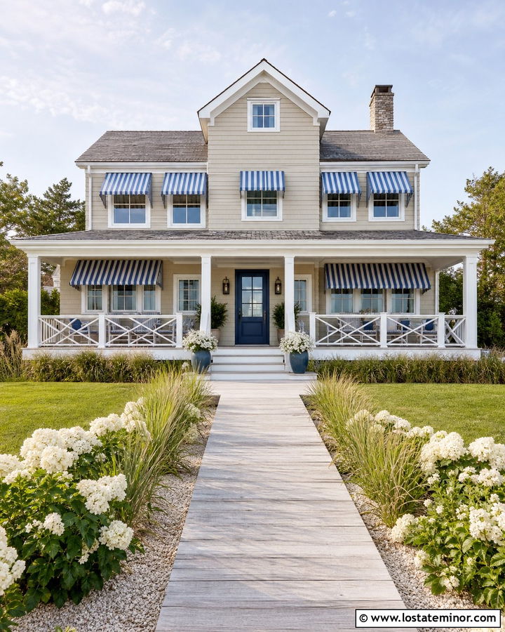Taupe Coastal House With Blue Striped Awnings - 30 Taupe House Design With Awning Ideas