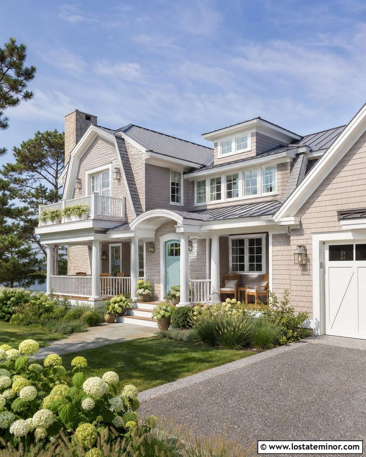 Taupe Coastal House With Brushed Nickel Lanterns - 30 Taupe House Design With Light Fixtures Ideas