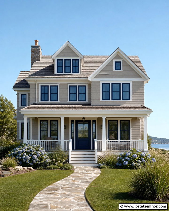 Taupe Coastal House With Navy Window Frames - 30 Taupe House Design With Window Frames Ideas