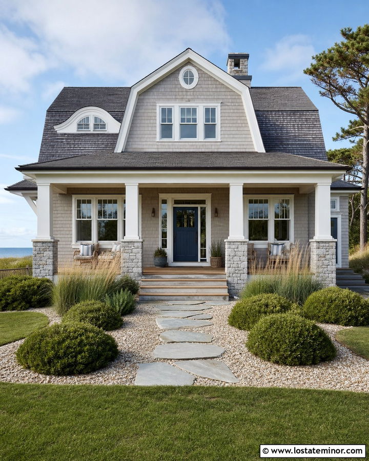Taupe Coastal House With Pale Gray Stone - 30 Taupe House Design With Stone Accents Ideas