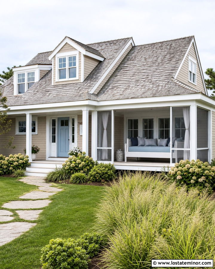 Taupe Coastal House With Screened Daybed - 30 Taupe House Design With Daybed Ideas