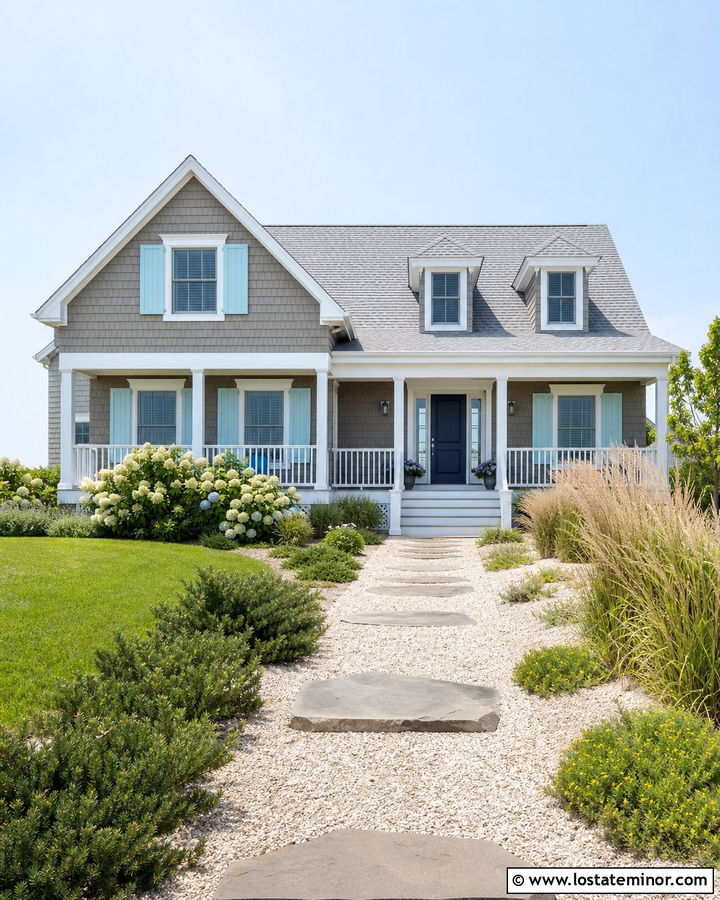 Taupe Coastal House With Shell Gravel Walkway - 30 Taupe House Design With Walkway Ideas