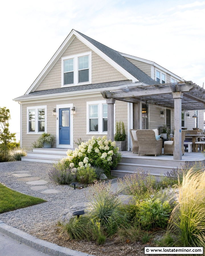 Taupe Coastal House With Weathered Wood Pergola - 30 Taupe House Design With Pergola Ideas