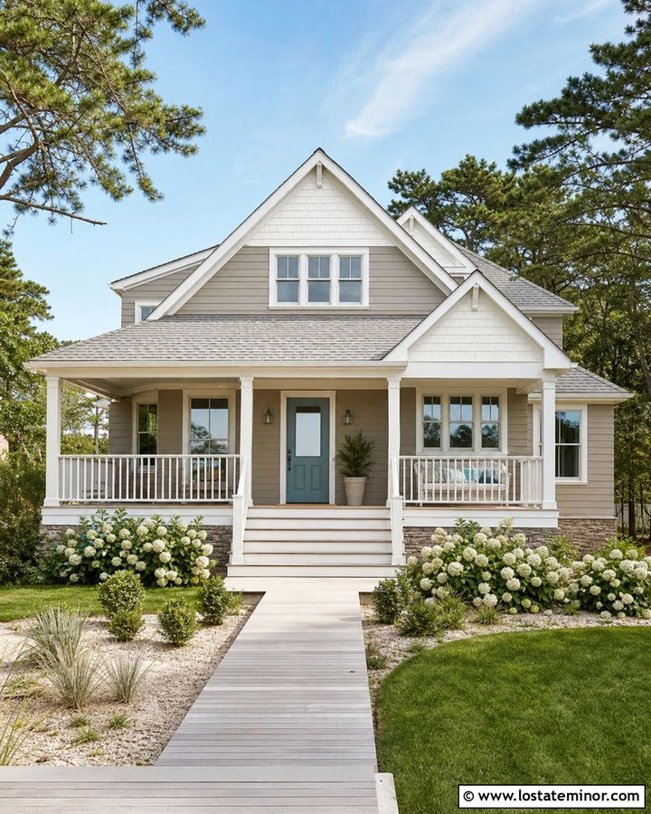 Taupe Coastal House With White Gables - 30 Taupe House Design With Gables Ideas