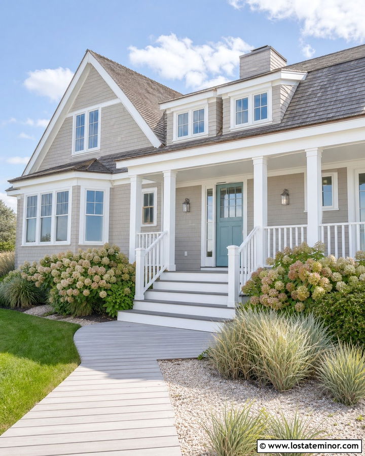 Taupe Coastal House With White Steps - 30 Taupe House Design With Steps Ideas