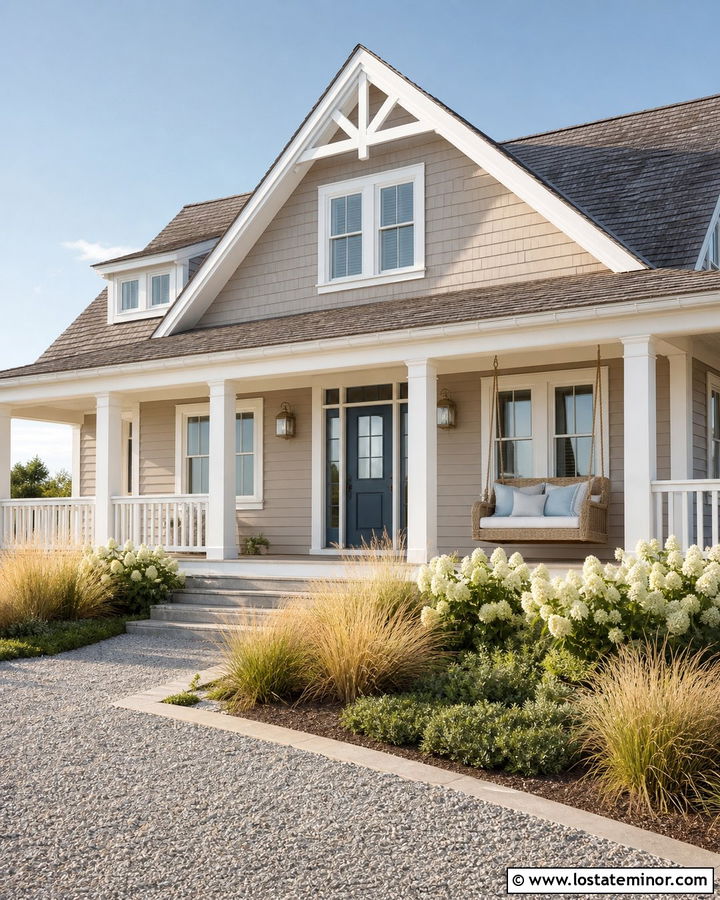 Taupe Coastal House With Woven Swing - 30 Taupe House Design With Swing Ideas