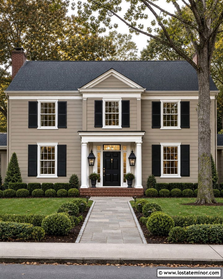 Taupe Colonial House With Black Lanterns - 30 Taupe House Design With Light Fixtures Ideas