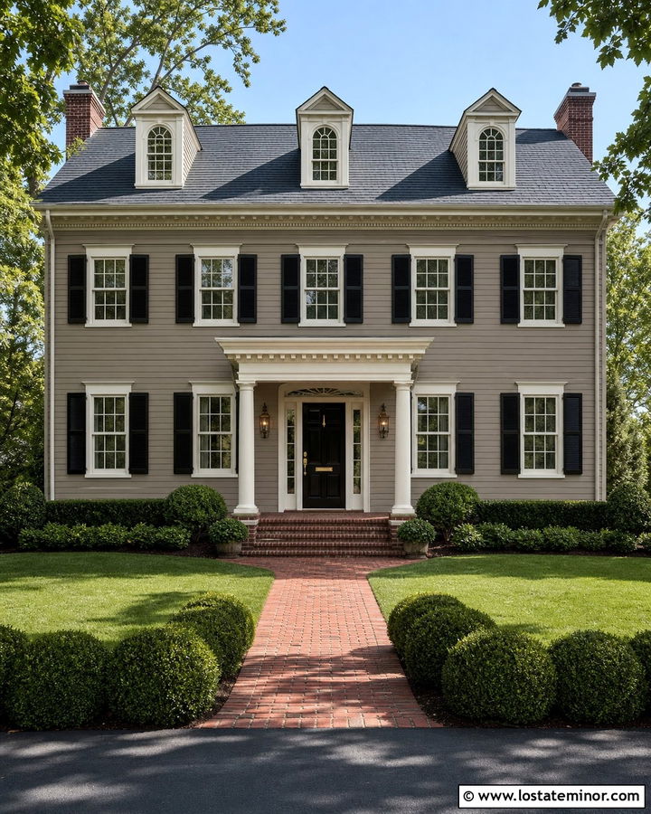 Taupe Colonial House With Black Shutters - 30 Taupe House Design With Shutters Ideas