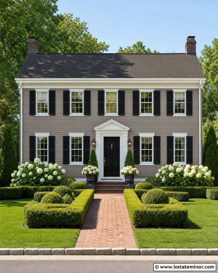 Taupe Colonial House With Boxwood Garden - 30 Taupe House Design With Front Yard Ideas