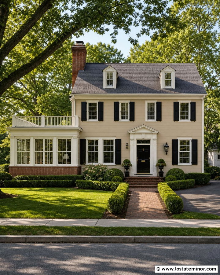 Taupe Colonial House With Brick Sunroom - 30 Taupe House Design With Sunroom Ideas
