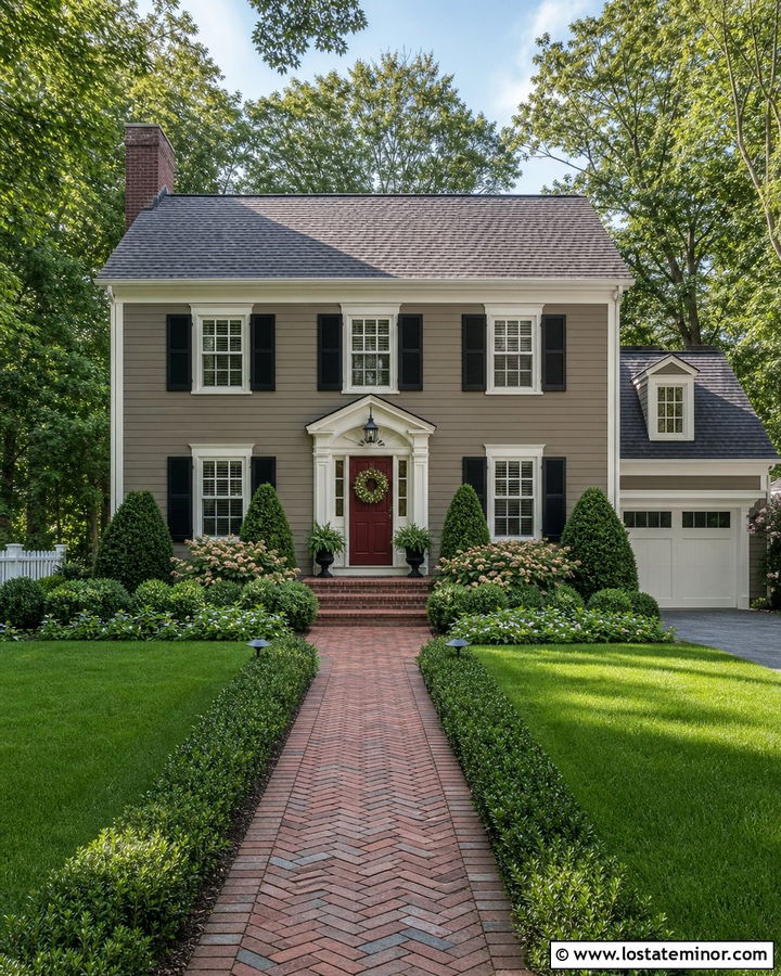 Taupe Colonial House With Brick Walkway - 30 Taupe House Design With Walkway Ideas