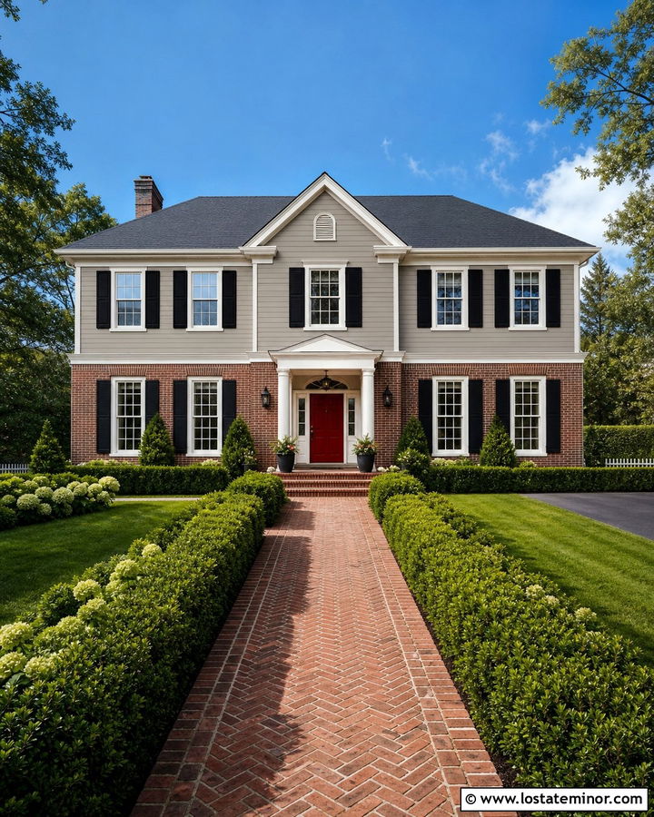 Taupe Colonial House With Brick - 30 Taupe House Design With Brick Accents Ideas