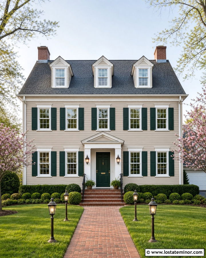 Taupe Colonial House With Bronze Post Lights - 30 Taupe House Design With Light Fixtures Ideas