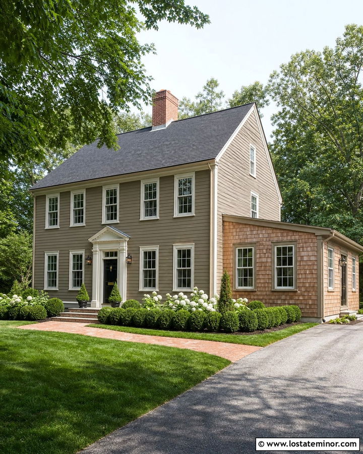 Taupe Colonial House With Cedar Shake Addition - 30 Taupe House Design With Cedar Shake Ideas