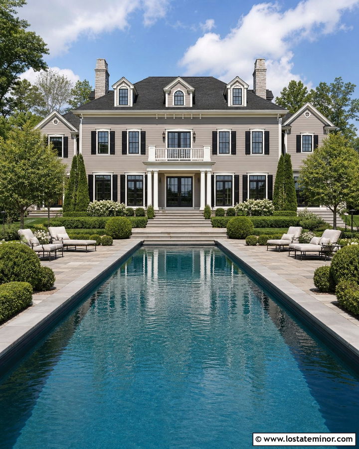 Taupe Colonial House With Lap Pool - 30 Taupe House Design With Swimming Pool Ideas