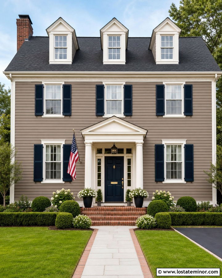 Taupe Colonial House With Navy Shutters - 30 Taupe House Design With Accents Ideas