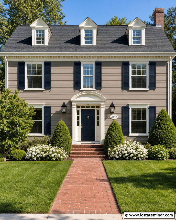 Taupe Colonial House With Oval Address Plaque - 30 Taupe House Design With House Numbers Ideas