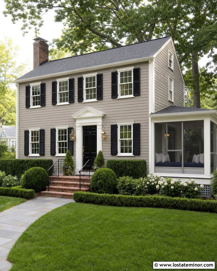 Taupe Colonial House With Screened Porch Daybed - 30 Taupe House Design With Daybed Ideas