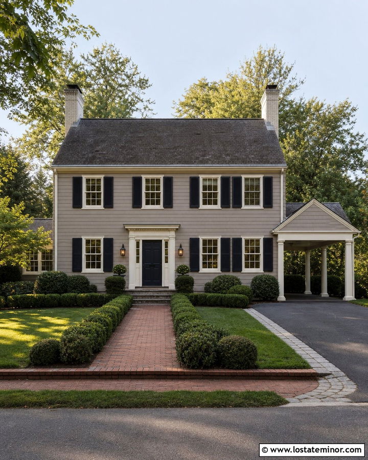 Taupe Colonial House With Side Carport - 30 Taupe House Design With Carport Ideas