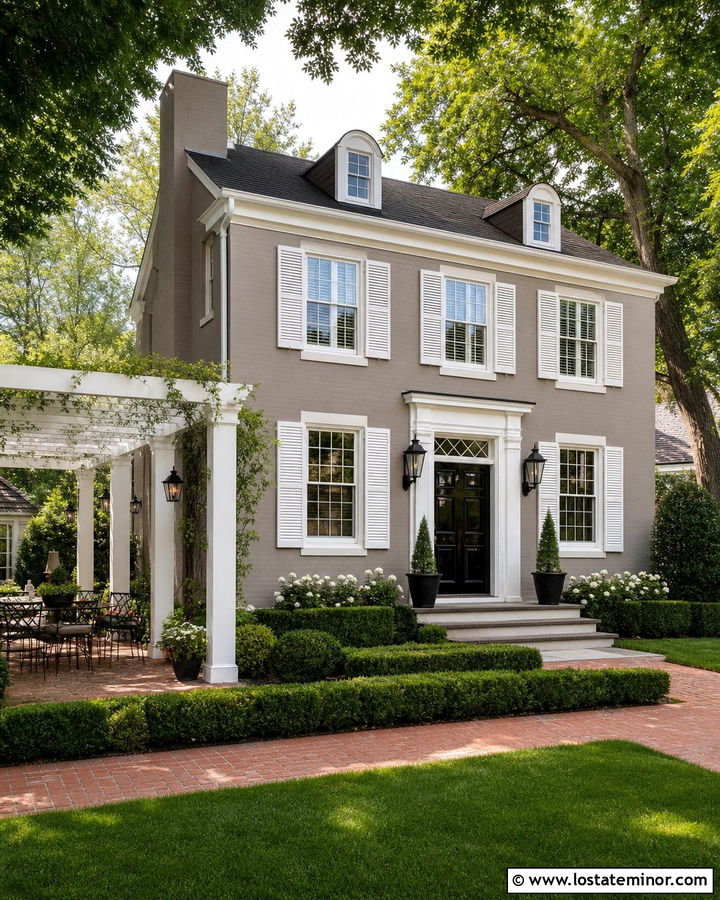 Taupe Colonial House With Side Pergola - 30 Taupe House Design With Pergola Ideas