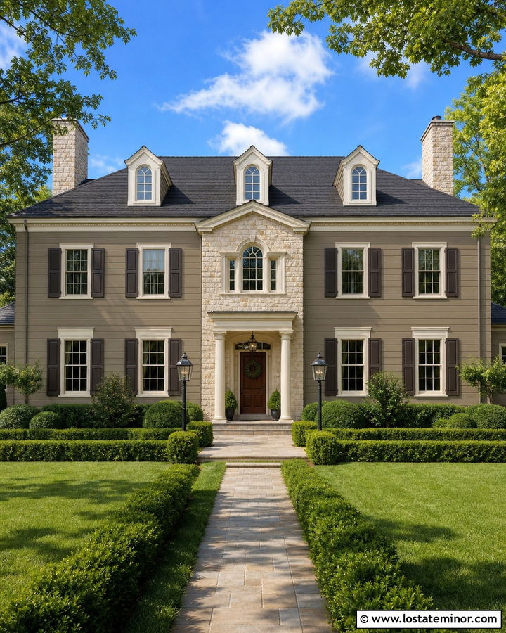 Taupe Colonial House With Stone Entry - 30 Taupe House Design With Stone Accents Ideas