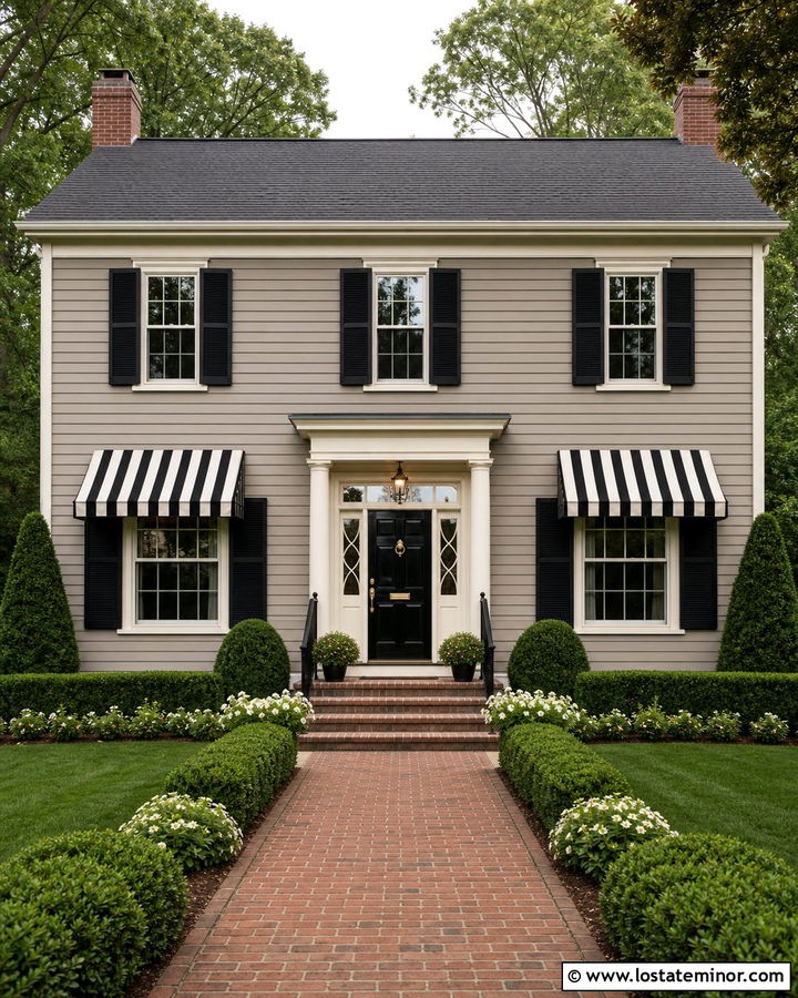 Taupe Colonial House With Striped Awnings - 30 Taupe House Design With Awning Ideas