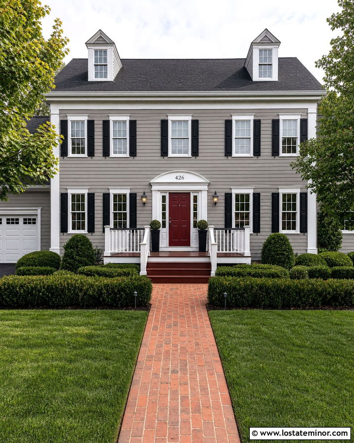 Taupe Colonial House With Symmetrical Deck - 30 Taupe House Design With Deck Ideas