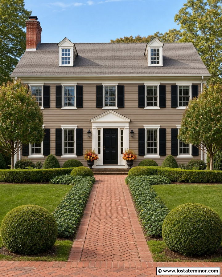 Taupe Colonial House With Symmetrical Evergreen Landscaping - 30 Taupe House Design With Landscaping Ideas