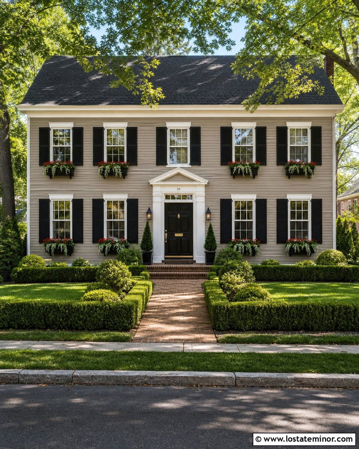 Taupe Colonial House With Symmetrical Window Boxes - 30 Taupe House Design With Window Boxes Ideas