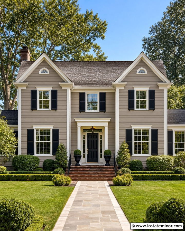 Taupe Colonial House With Twin Gables - 30 Taupe House Design With Gables Ideas