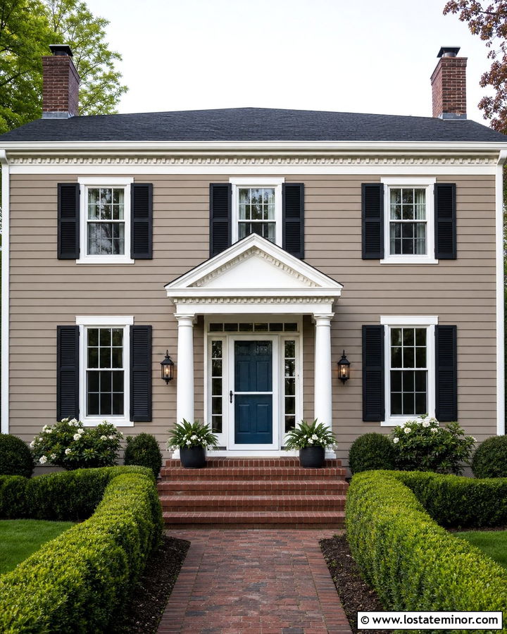 Taupe Colonial House With White Storm Door - 30 Taupe House Design With Storm Door Ideas